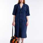 Blaues kurzarm Hemdkleid aus Seide mit Knöpfen und Schulterpolstern, Trixi Schober XL