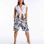 Highwaisted Hose in Bermuda Style mit Vintage Print, Gürtelschnallen und Taschen, Vintage M