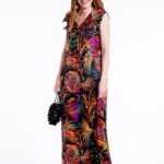 Buntes ausgefallenes Vintage Kleid aus Paris und aus reiner Seide. Aussen bedruckt mit bunten Fischen., Hero Modell L