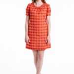 Handgemachtes Vintage Kleid im 60ér Jahre Stil in rot orange mit weißen Mustern, ONE OF A KIND by VALLINTAGE M