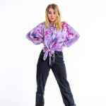 schöne leichte fliederfarbene 80er Jhre Bluse mit alten Stars, True Vintage M